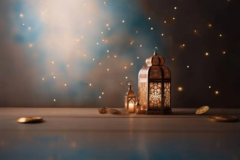 Banner with Lighted Arabic Lanterns on a Table with a Light Background
