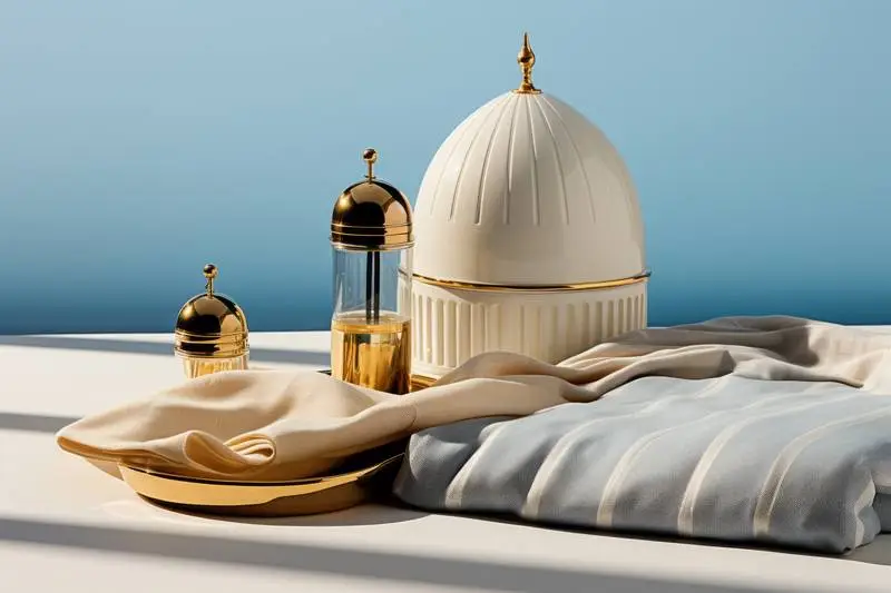 Photo of Table Composition with Arabian-Style Tablecloth and Golden Jars