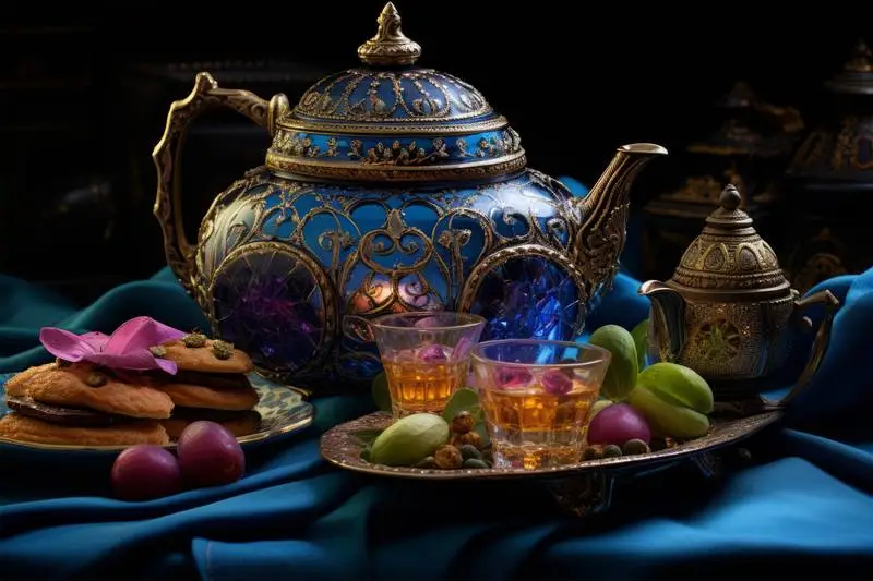 Photo of Table Composition with Teapot Decorated with Cups and Biscuits on Blue Tablecloth