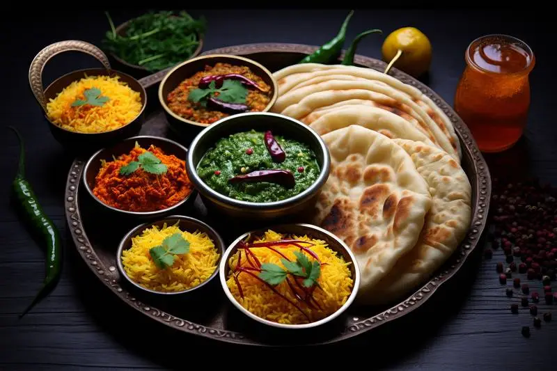Photo Composition of Traditional Dishes with Naan Bread on a Dark Table