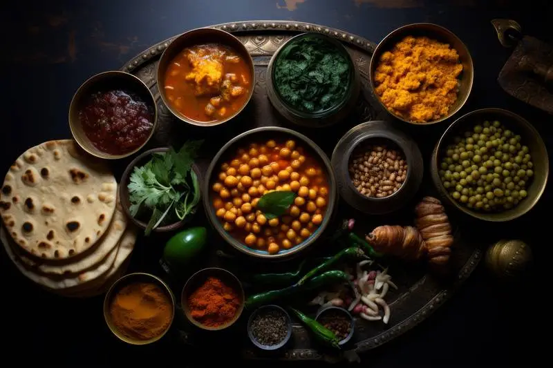 Photo Composition of Traditional Dishes with Naan Bread and Spices on a Dark Table
