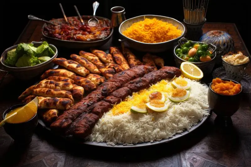 Photo Composition of Traditional Dishes with White Rice and Meat on a Dark Table
