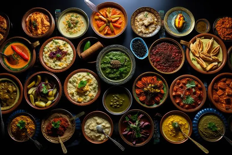 Photo Composition of Traditional Dishes on Small Plates on a Table