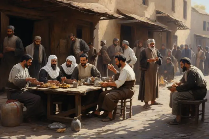 Painted Picture of Arab Men Eating in the Street