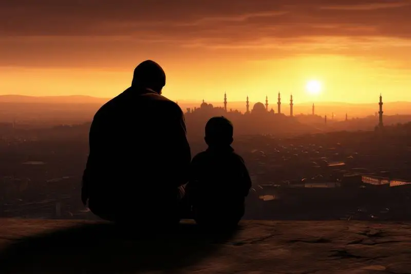 Image of Arab Mother and Son Sitting on a Mountain Overlooking the City
