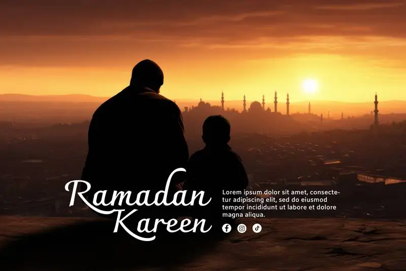 Ramadan Banner of Arab Mother and Son Sitting on a Mountain Overlooking the City