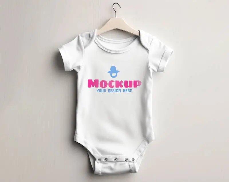 Mockup of White Babysuit Hanging from a Wooden Hanger
