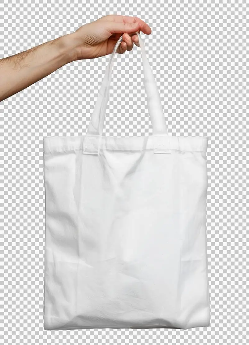 Hand Holding a Blank White Cotton Tote Bag Isolated on a Transparent Background