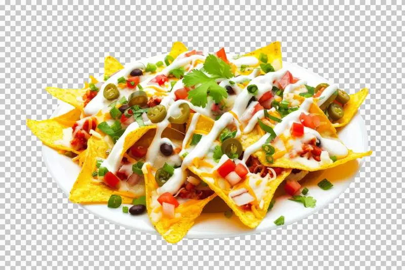 Plate of Nachos with Vegetables and Cheese Isolated on a Transparent Background