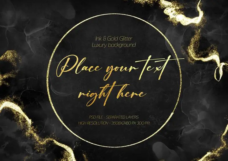 Black Alcohol Ink Background with Golden Ring