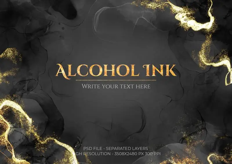 Editable Black Alcohol Ink Background with Golden Strokes