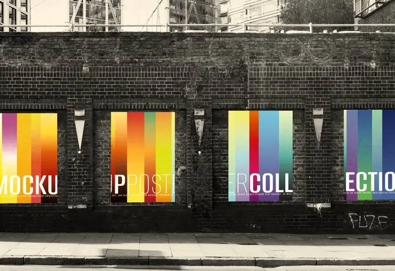 Mockup of Collection of Posters on Black and White City Brick Wall