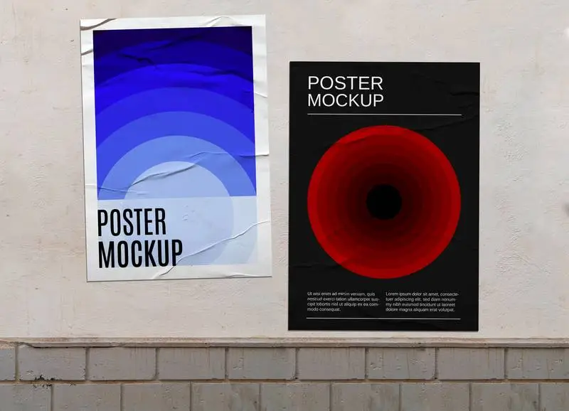 Collection of Posters on White Background with Texture and Bricks Mockup