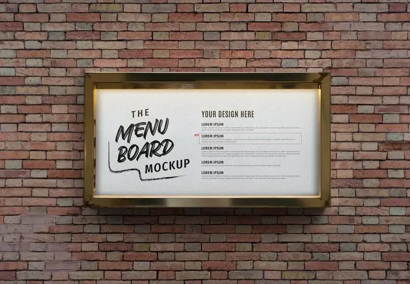 Mockup of Classic Menu Board with Golden Frame on Brick Wall