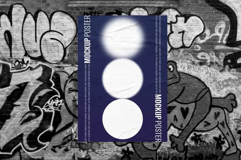 Mockup of Poster on Brick Wall with Black and White Graffiti