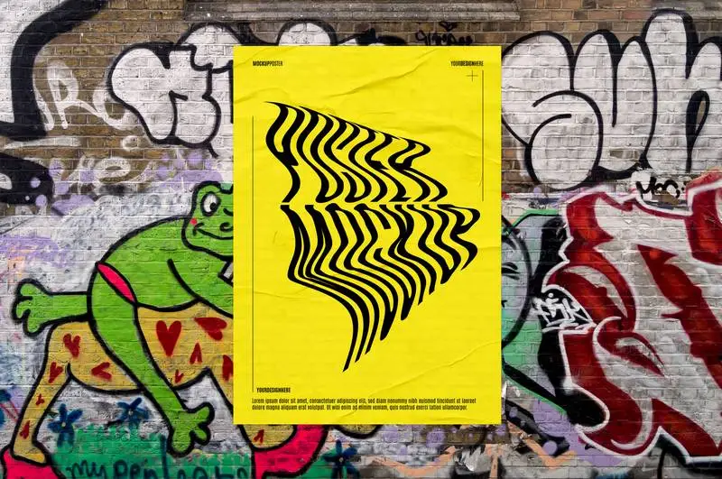 Mockup of Crumpled Poster on Colourful Graffiti Wall