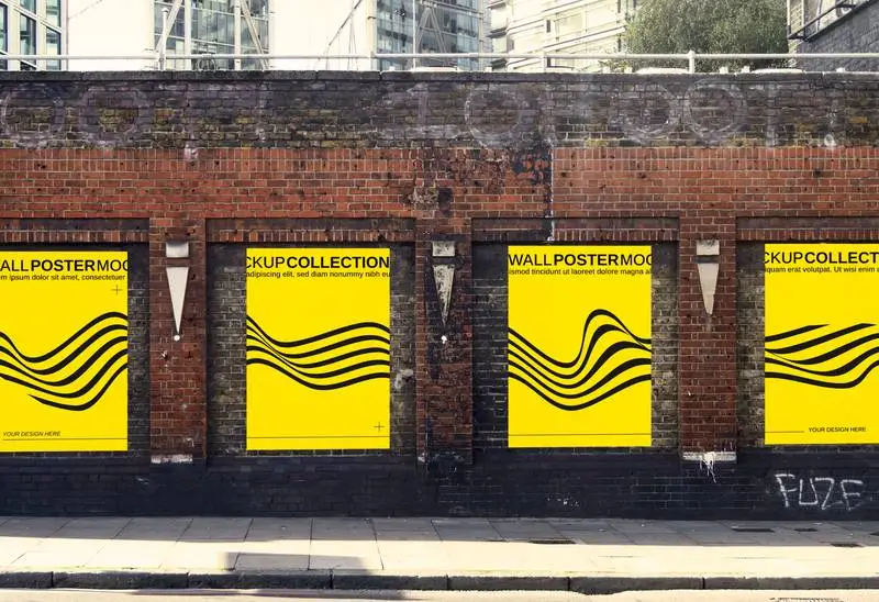 Mockup of Poster Collection on Brick Wall in Modern City