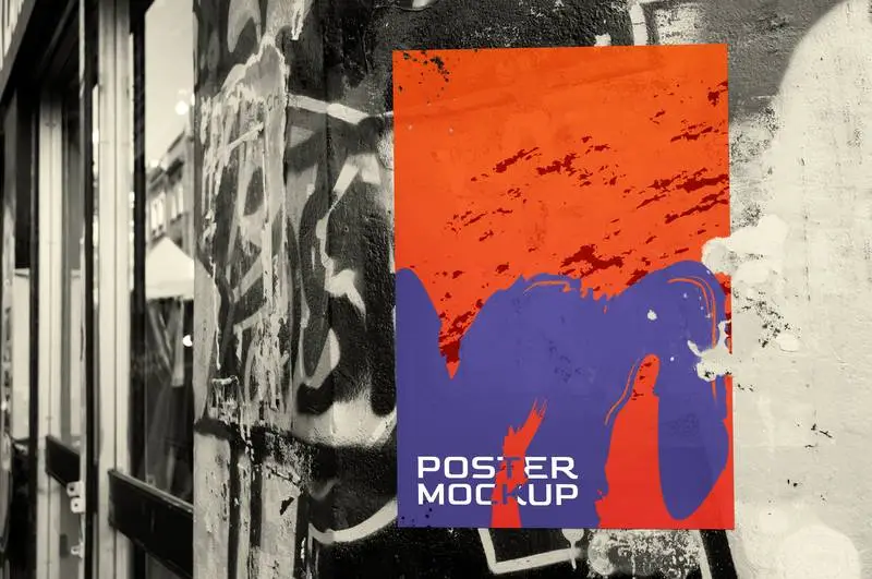 Poster on Wall with Black and White Graffiti Mockup
