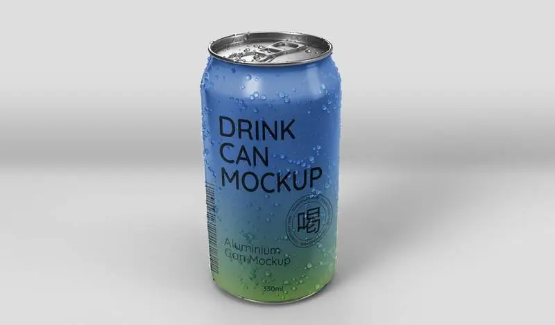 Soda Can Mockup with Fresh Water Drops on White Background