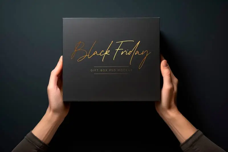 Black Gift Box Design Mockup Held by Hands on Dark Background