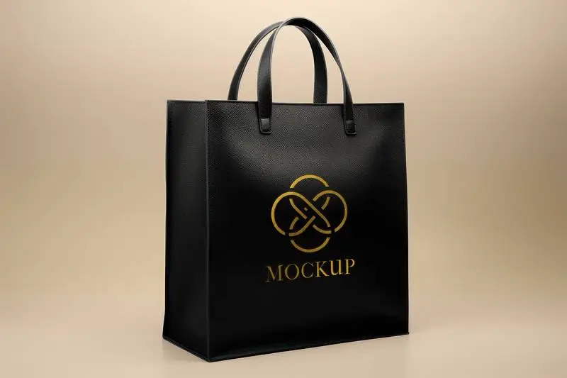 Chic Black Leather Purse with Gold Design Mockup