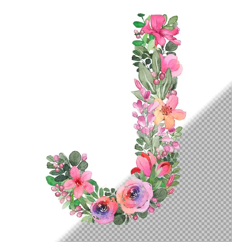 I Letter in Uppercase Made of Soft Hand-Drawn Flowers and Leaves PNG