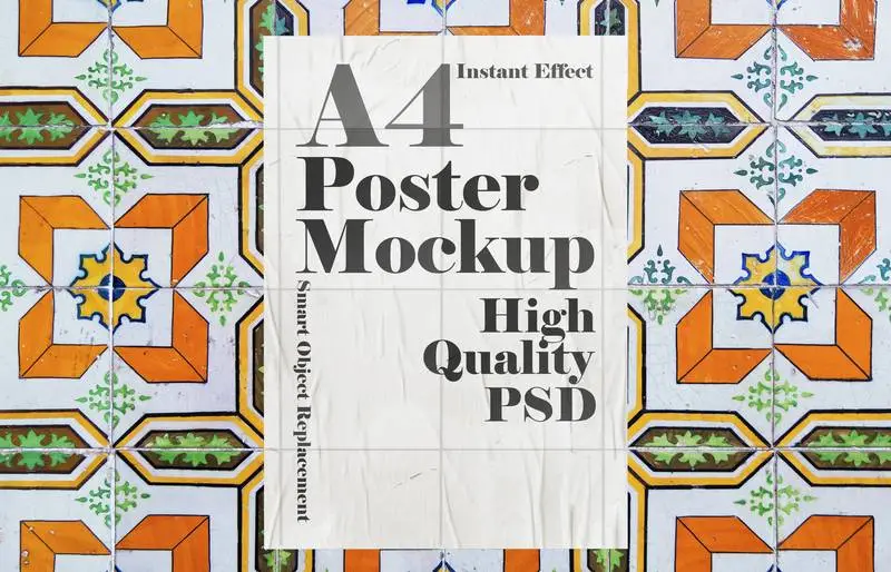 Mockup of a Poster Glued on a Tiled Background PSD