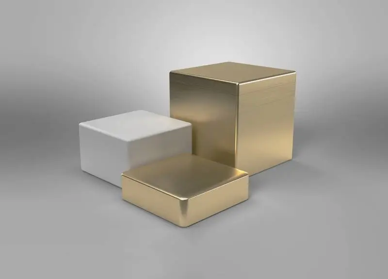 Three Minimalist Podiums in Gold and White on a Light Background Photo