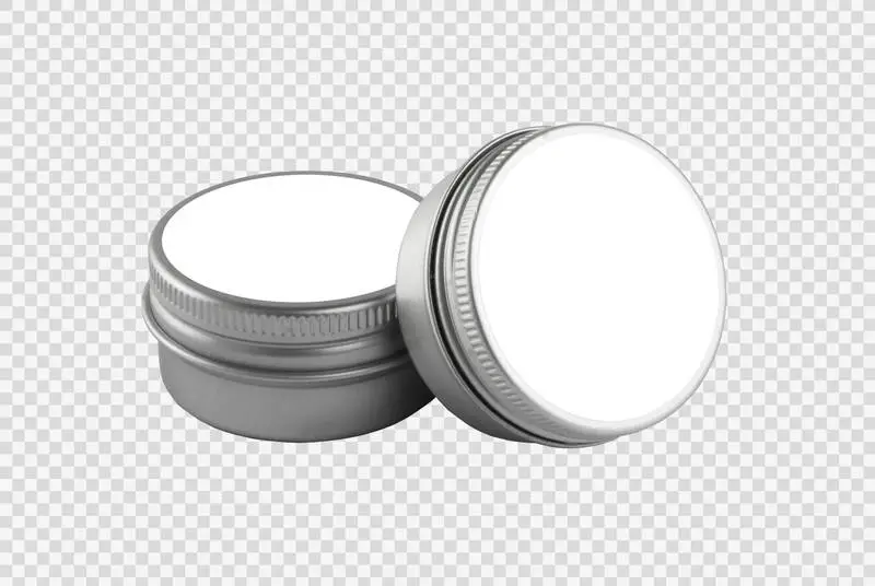 Pair of Round Metal Cosmetic Tins with White Label PNG