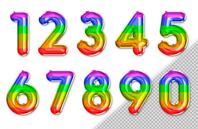 Rainbow Coloured Balloons in the Shape of Numbers PSD