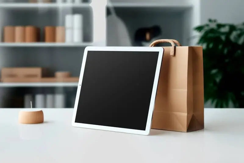 White Tablet Resting on Paper Bag on White Surface Photo