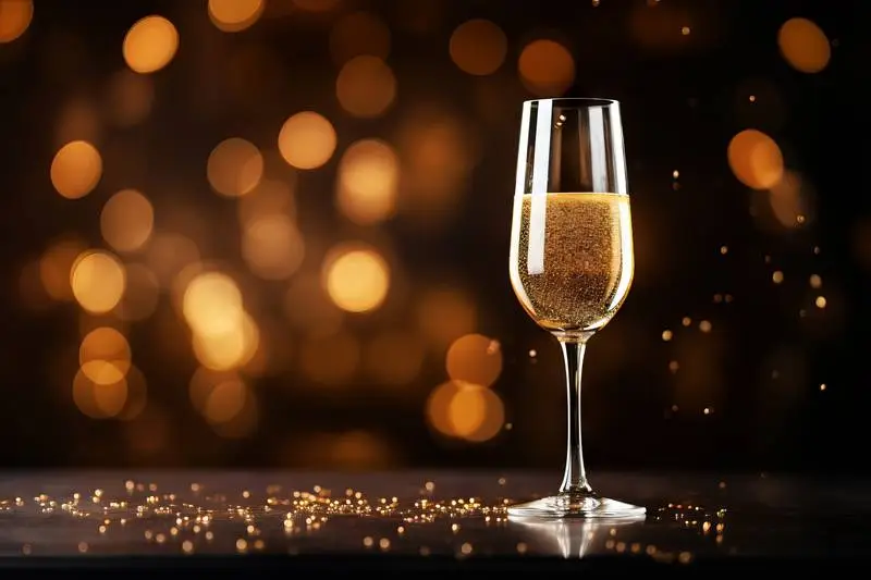 New Year Banner With Champagne Flutes and Faded Lights With Text Photo