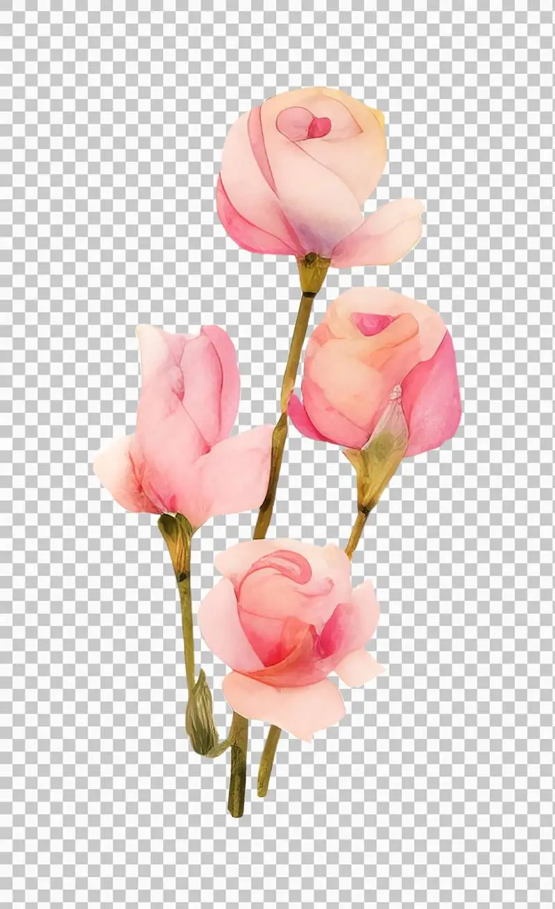 Watercolour Illustration of Pink Flowers with Green Stems Isolated on a Transparent Background PNG
