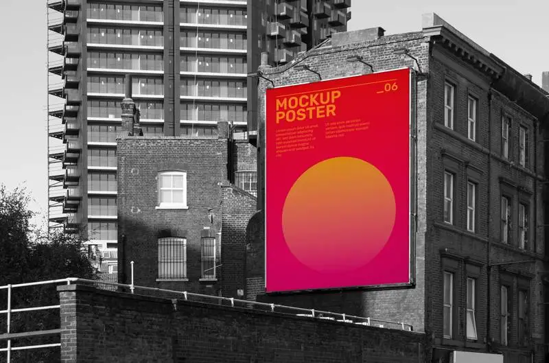 Long Poster on Black and White Brick Building PSD