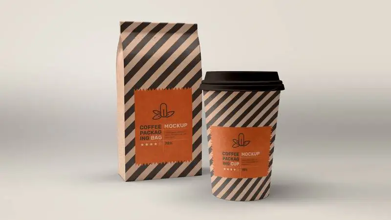 Coffee Bag and Takeaway Cup Packaging Mockup PSD
