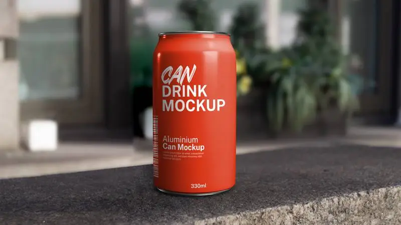 Mockup of Aluminum Drink Can with Street Background PSD