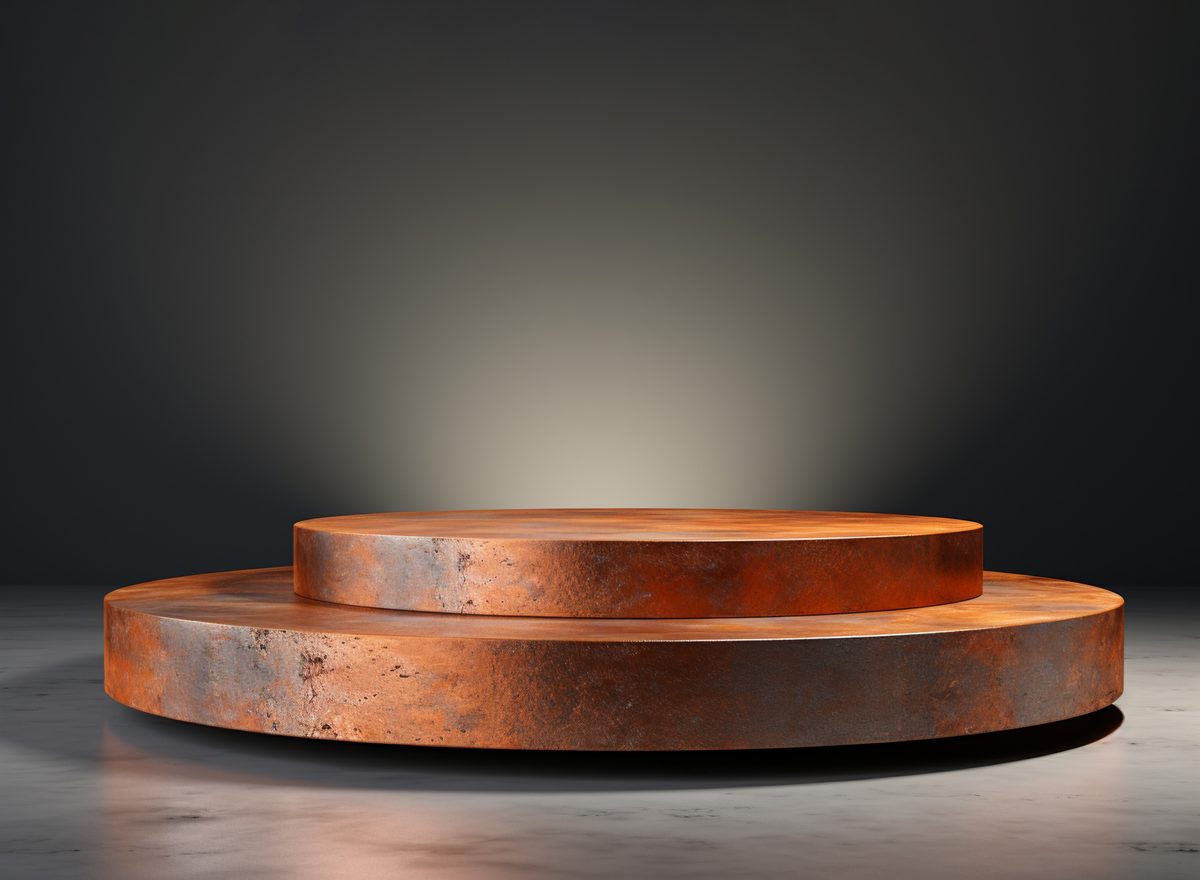3D render of empty oxidised copper podium for product display studio backdrop