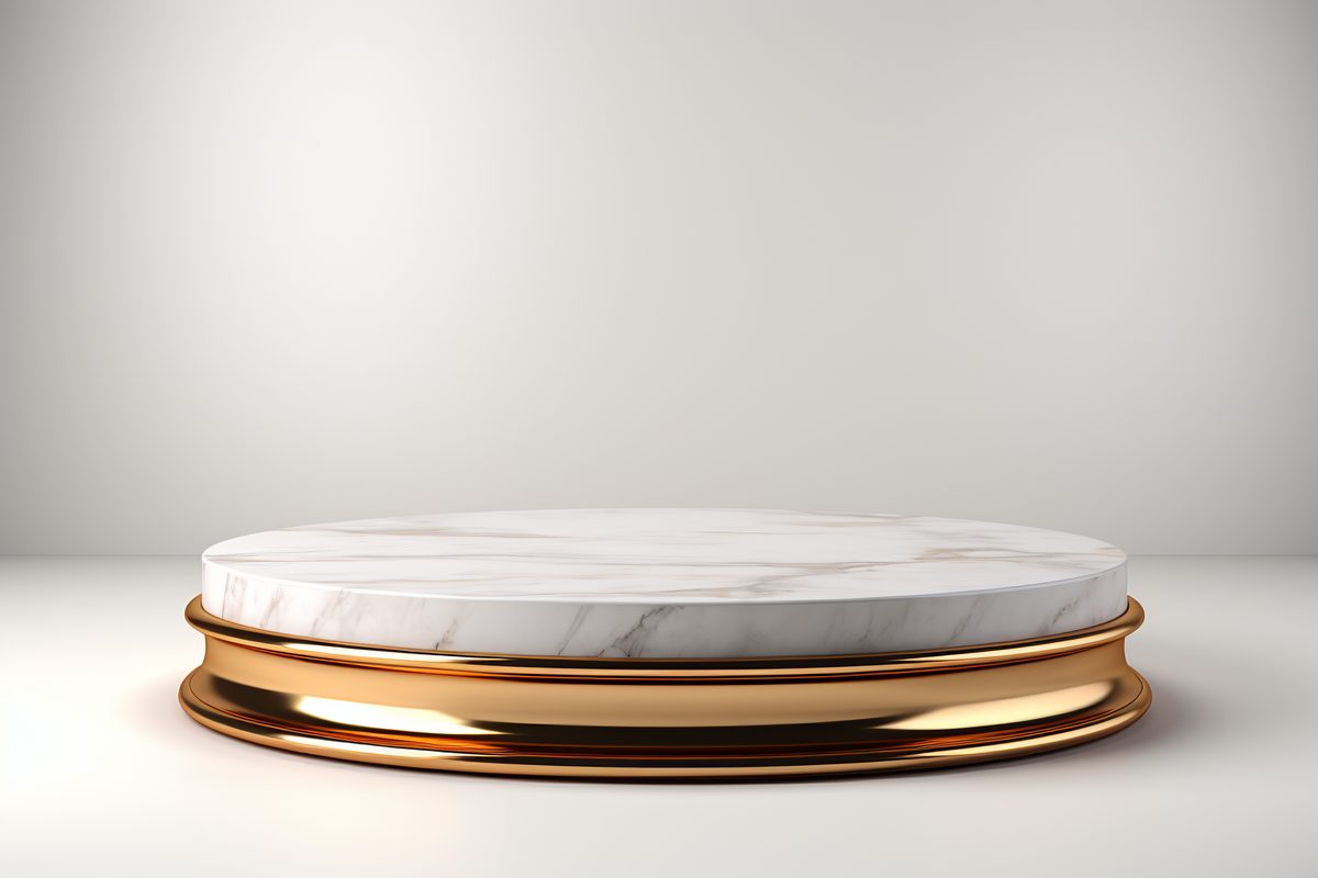 3D render of empty round marble and gold podium for product display