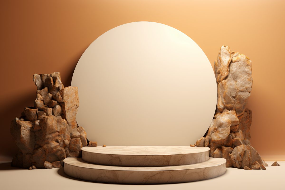 3D render of empty round white podium for product display surrounder by rocks