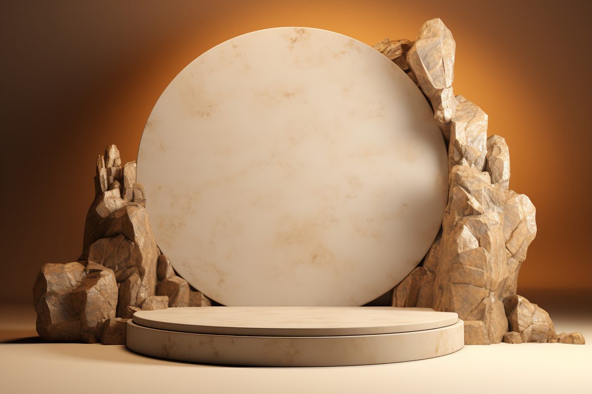 3D render of empty round white podium for product display surrounder by stones
