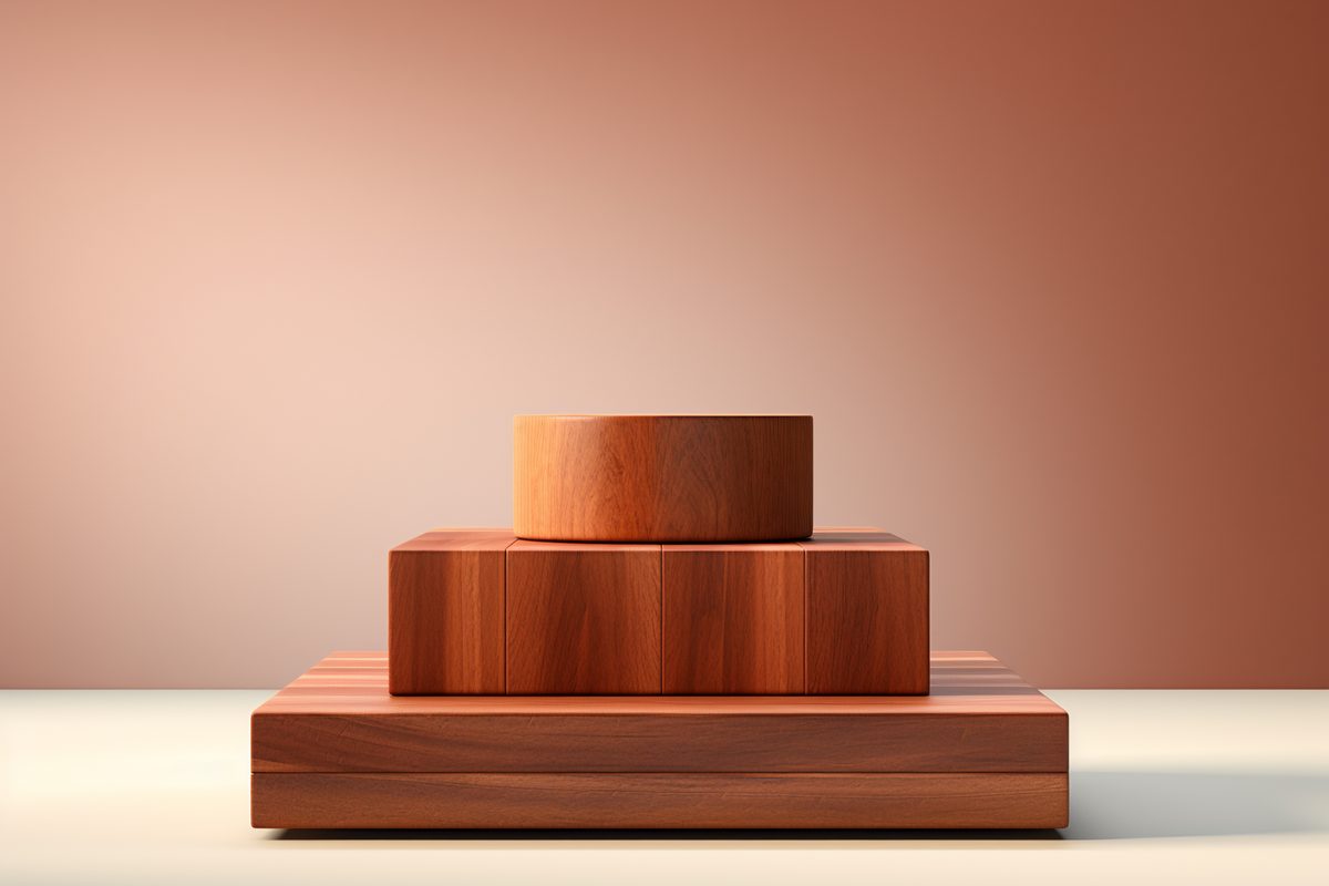 3D render of empty stepped wooden podium for product display studio background