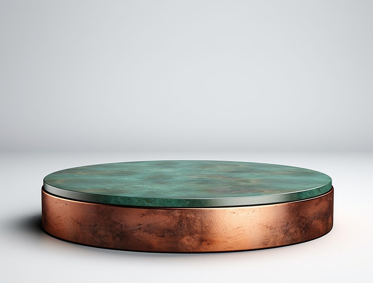 3D rendering of empty oxidised copper podium for product display on white background