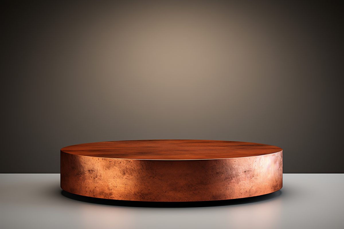 3D rendering of empty oxidised copper podium for product display studio backdrop