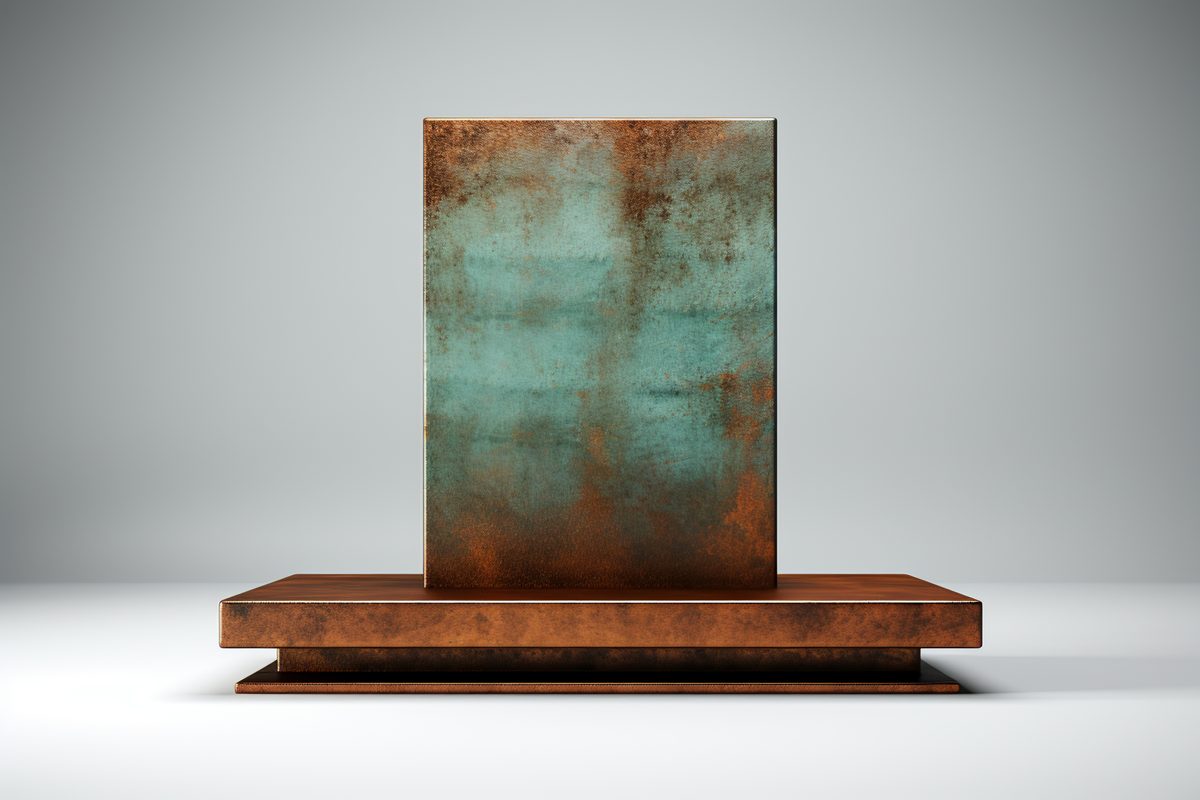 3D rendering of empty oxidised copper squared podium for product display on white background