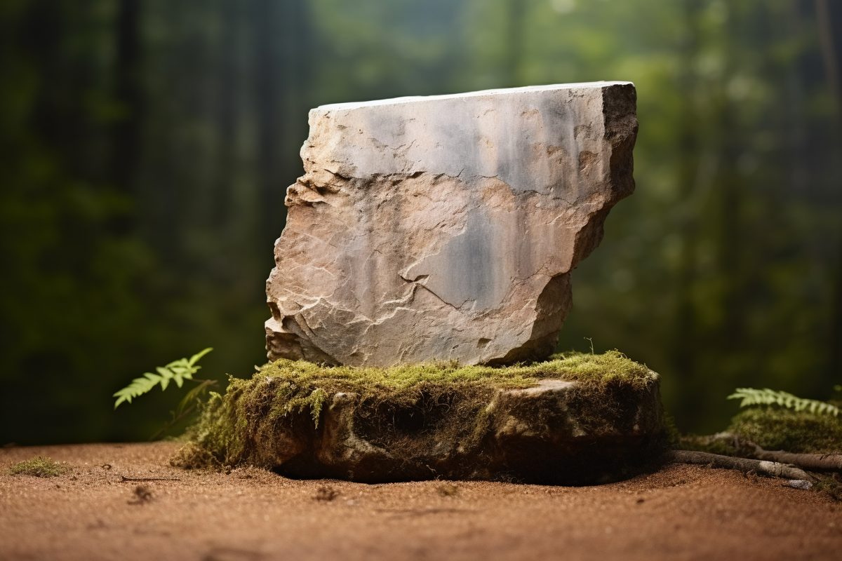 3D rendering of empty rough stone podium for product display covered with moss and surrounded by nature