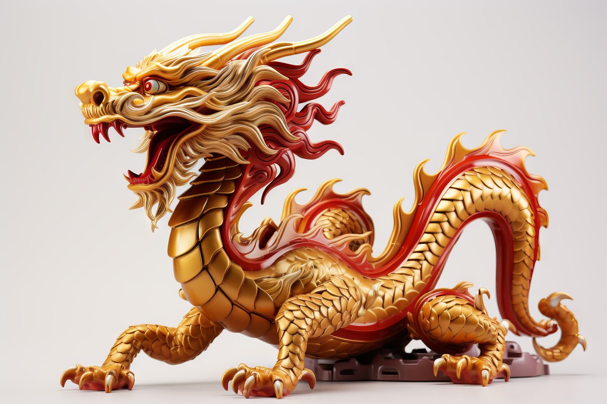 Asian traditional red and golden dragon deity on light background