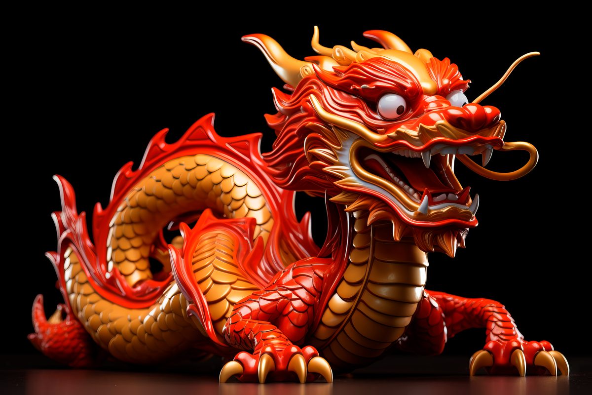 Asian traditional red dragon deity on black background