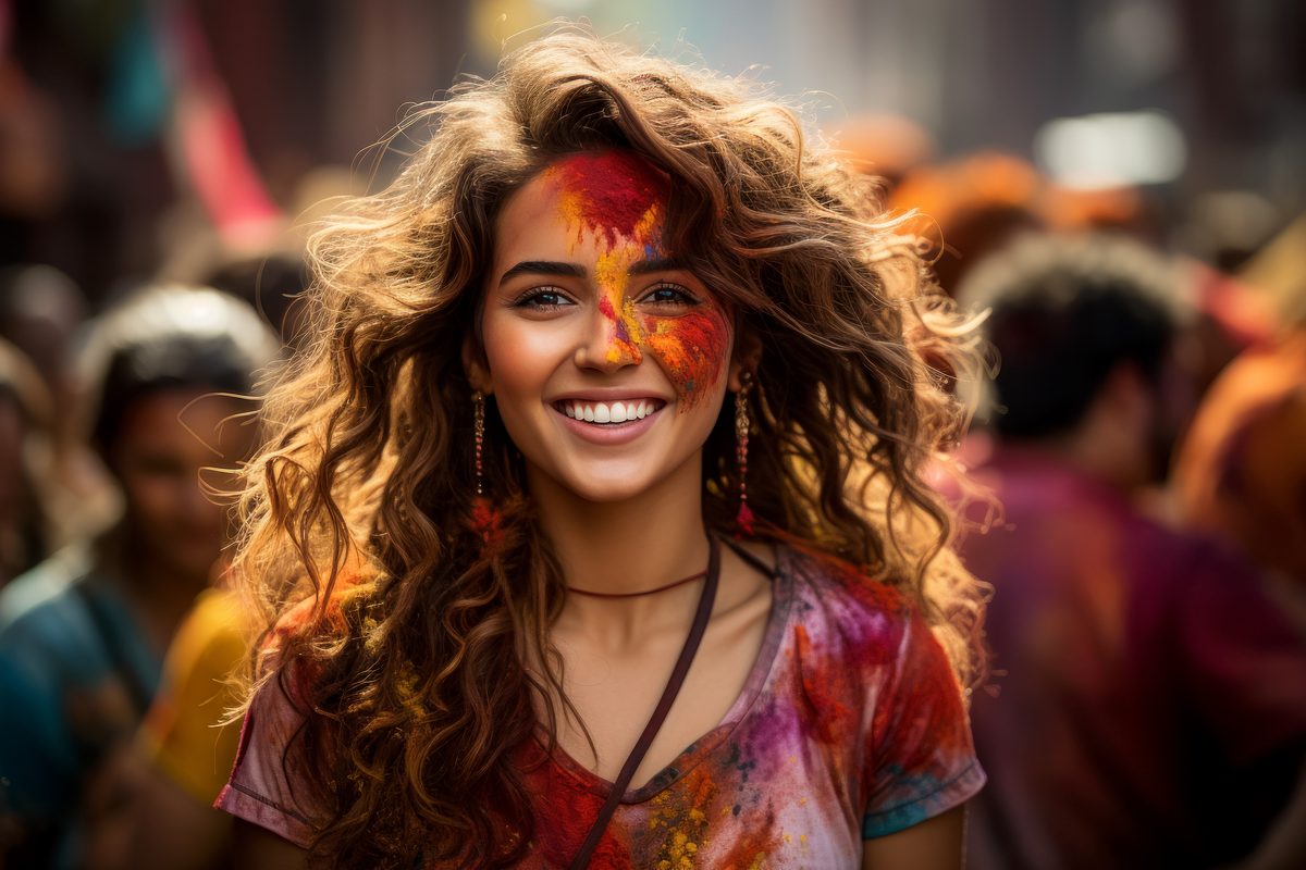 Beautiful Young Indian Woman Covered With Colored Dust in Holi