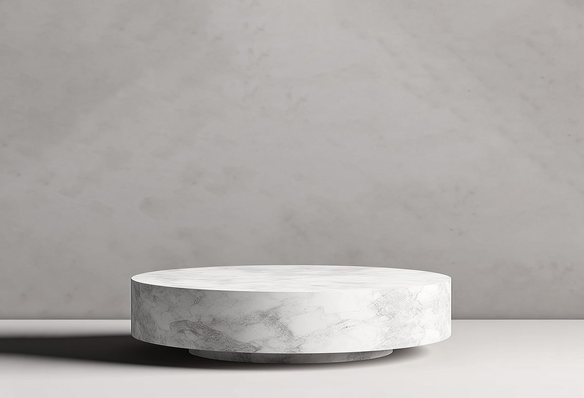 Black and white marble podium for product presentation on a soft background