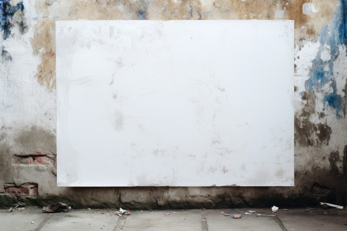 Blank white canvas hanging in a grunge room